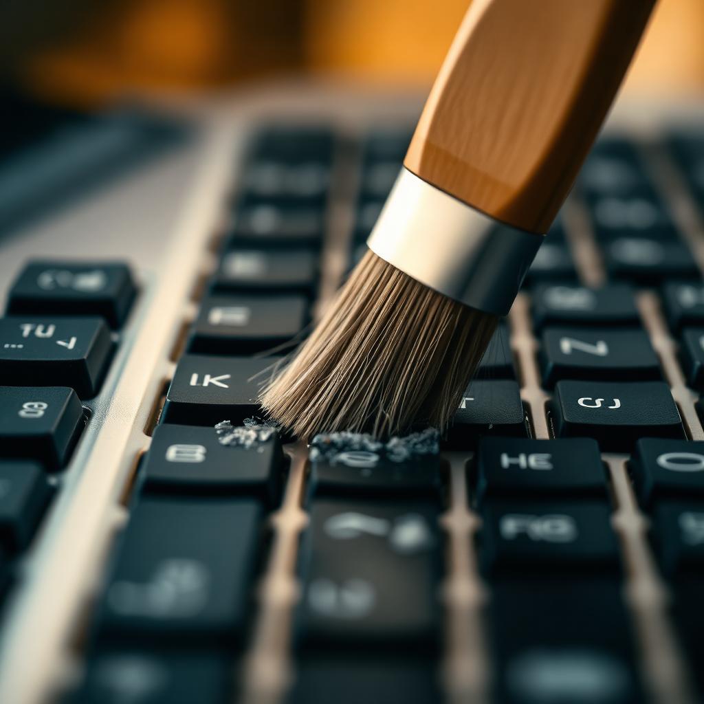 Detailreinigung einer Computertastatur mit Pinsel – EDV- und Arbeitsplatzreinigung