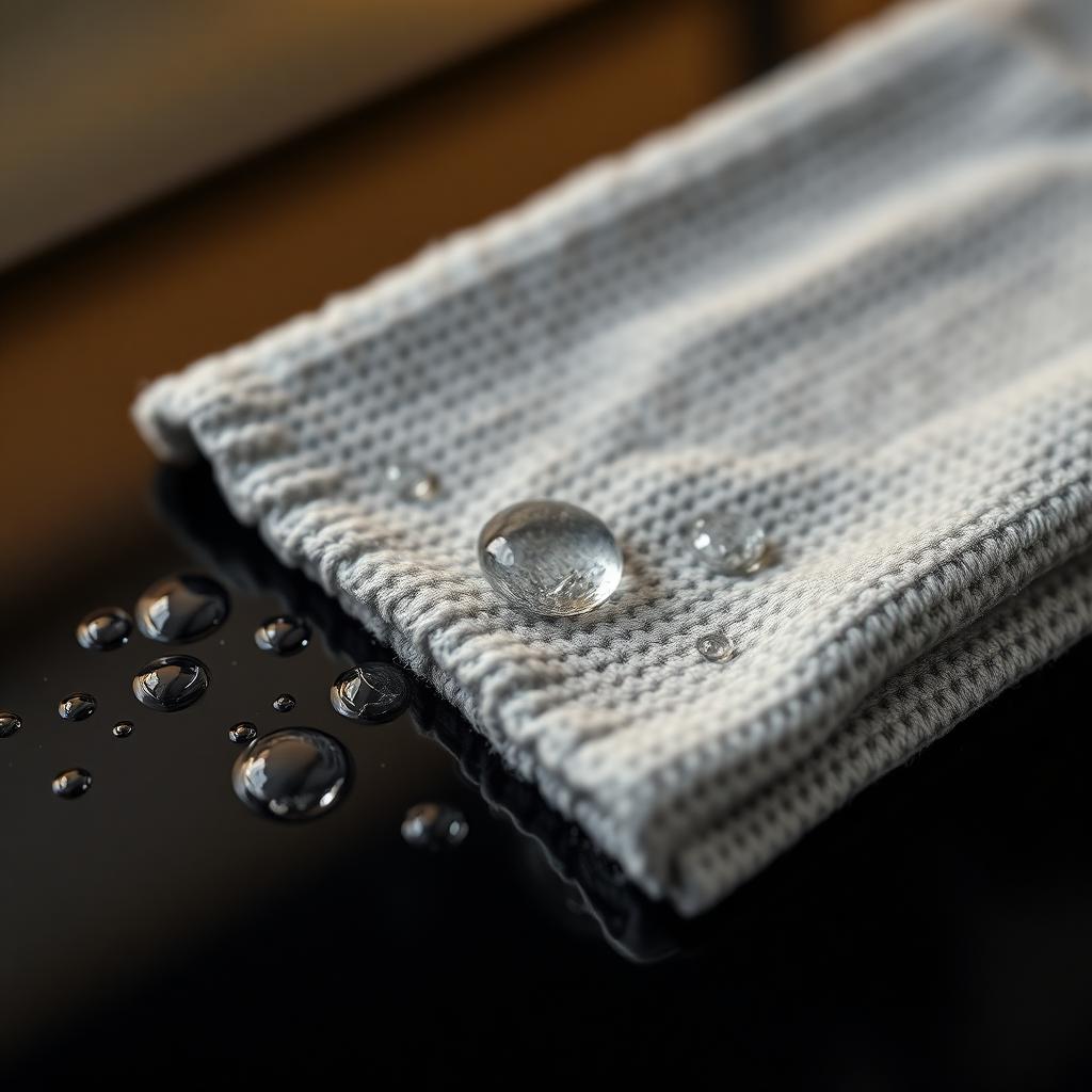 Mikrofasertuch mit Wasserperlen – Detailaufnahme professionelle Oberflächenreinigung